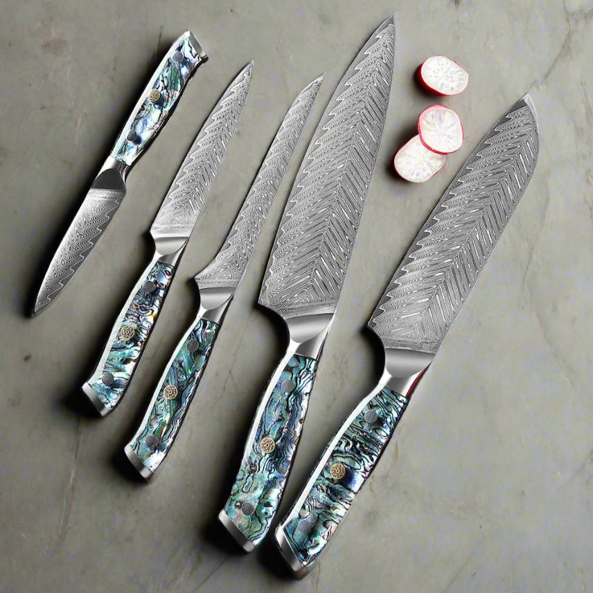 Japanese Damascus Knife Set - VG10 - | 67-Layer Steel, Abalone Handle