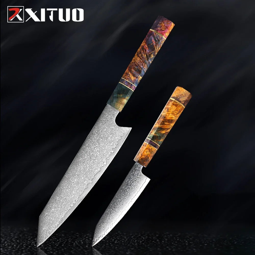 9-Piece Japanese Knife Set – Damascus Steel, Wood & Resin Handles