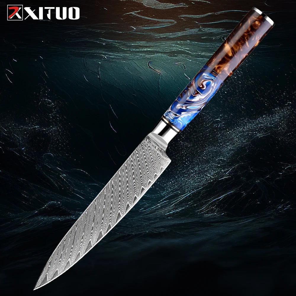 9-Piece Damascus Knife Set – 67-Layer Steel, Blue Resin Handle | Edge and Steel