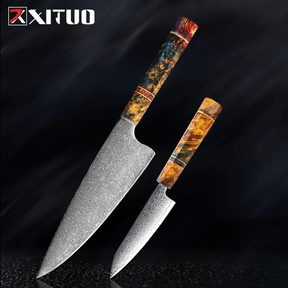 9-Piece Japanese Knife Set – Damascus Steel, Wood & Resin Handles