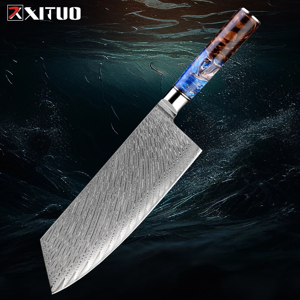 9-Piece Damascus Knife Set – 67-Layer Steel, Blue Resin Handle | Edge and Steel