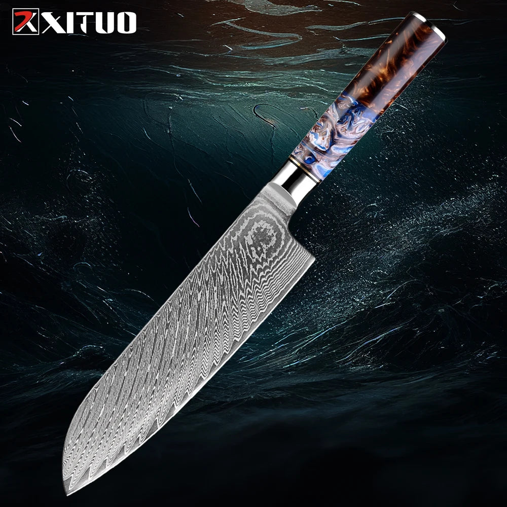 9-Piece Damascus Knife Set – 67-Layer Steel, Blue Resin Handle | Edge and Steel