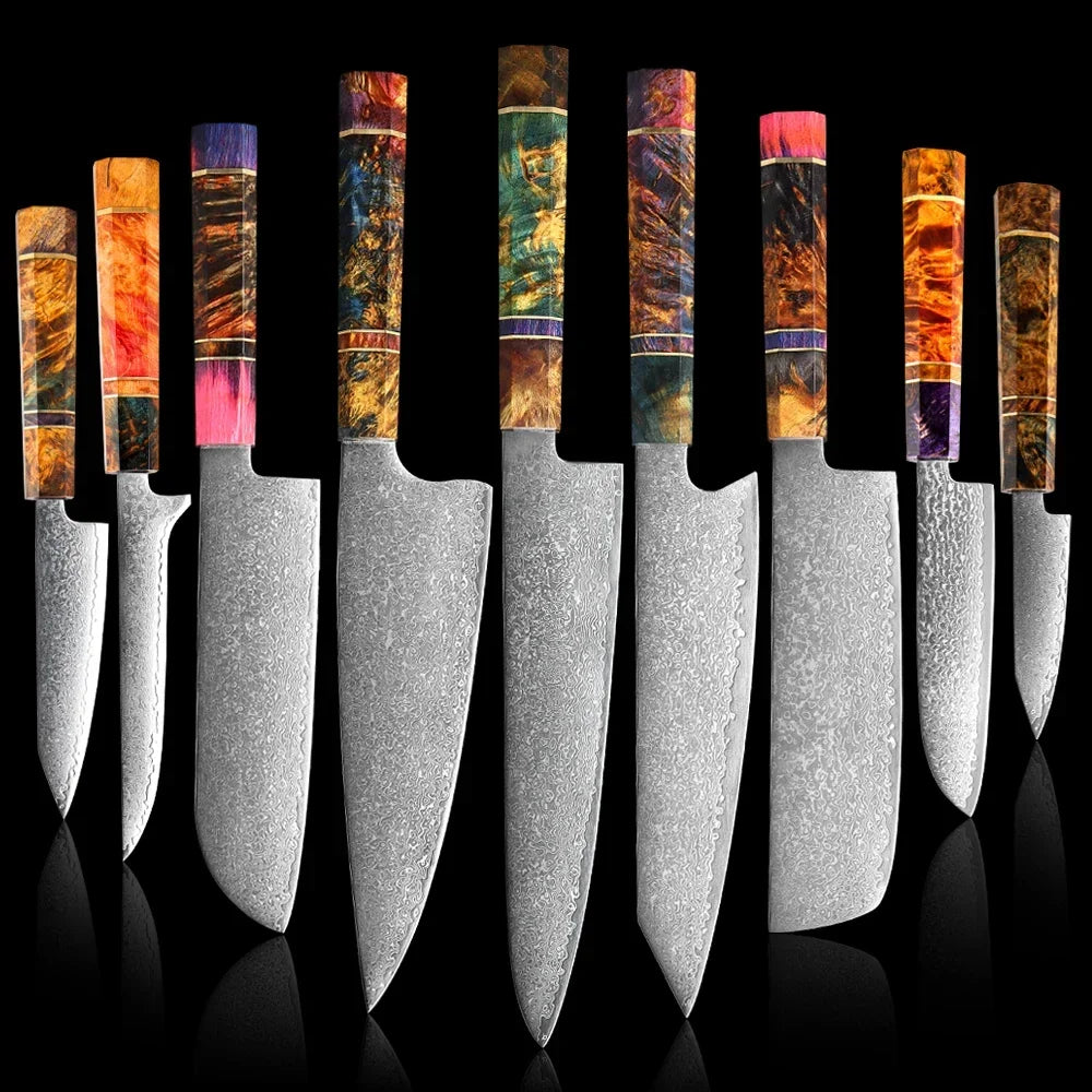 9-Piece Japanese Knife Set – Damascus Steel, Wood & Resin Handles