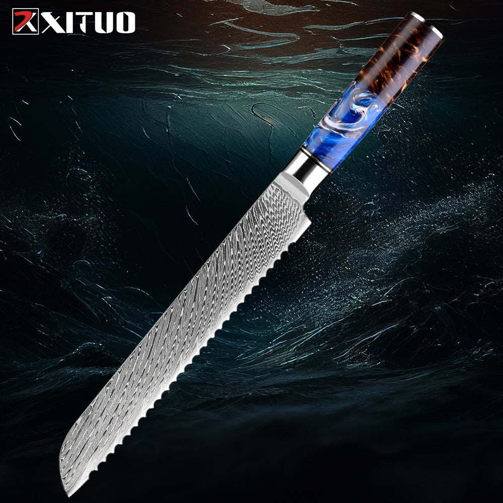 9-Piece Damascus Knife Set – 67-Layer Steel, Blue Resin Handle | Edge and Steel