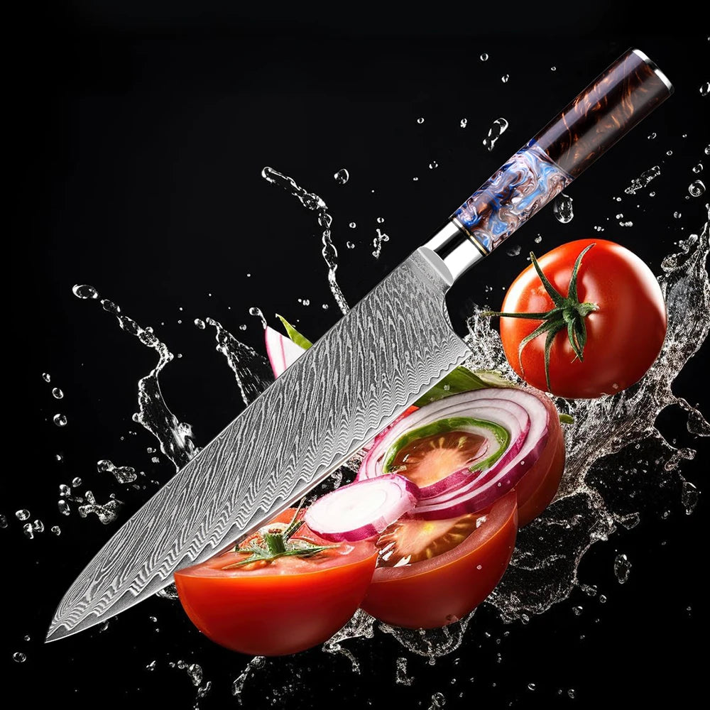 9-Piece Damascus Knife Set – 67-Layer Steel, Blue Resin Handle | Edge and Steel