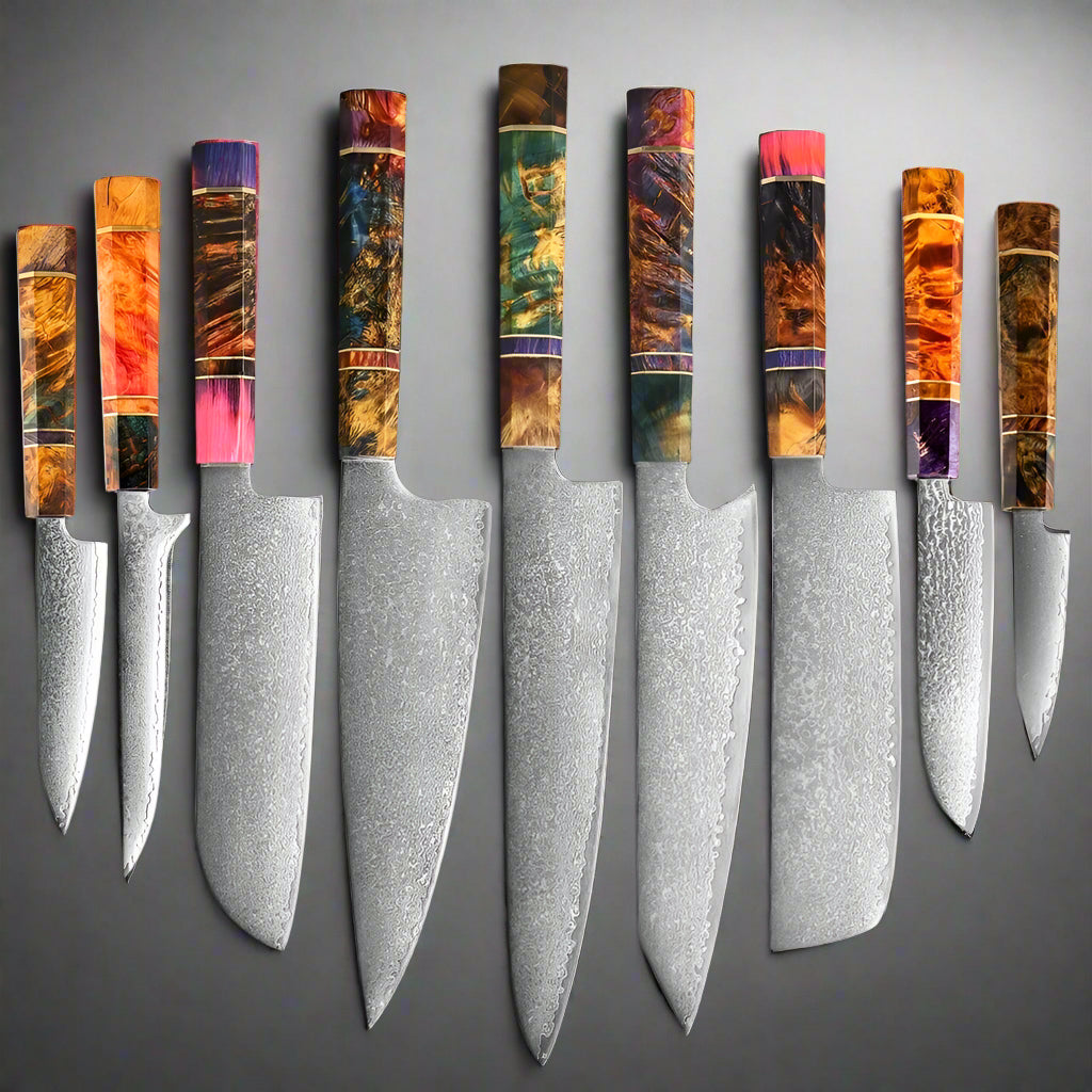9-Piece Japanese Knife Set – Damascus Steel, Wood & Resin Handles