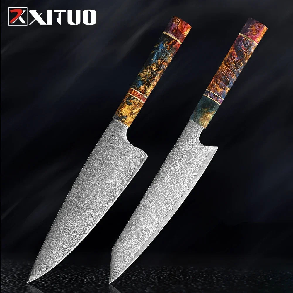 9-Piece Japanese Knife Set – Damascus Steel, Wood & Resin Handles