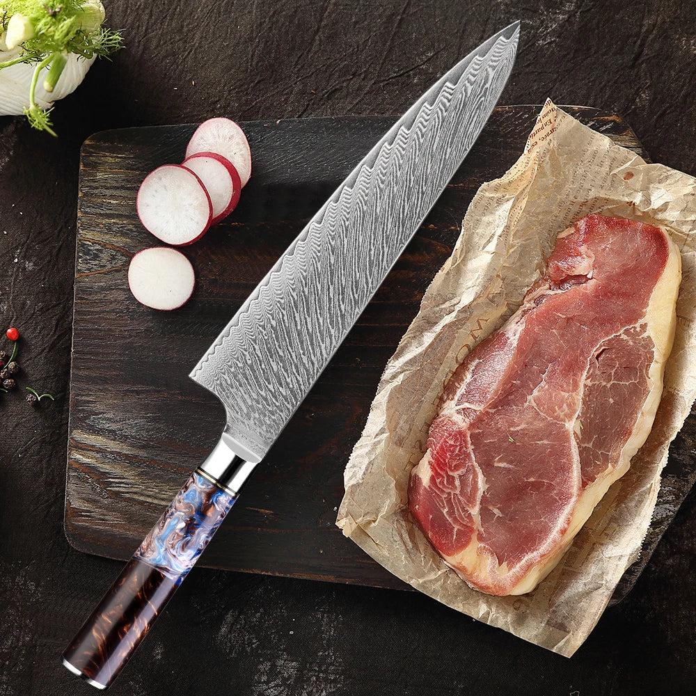 9-Piece Damascus Knife Set – 67-Layer Steel, Blue Resin Handle | Edge and Steel