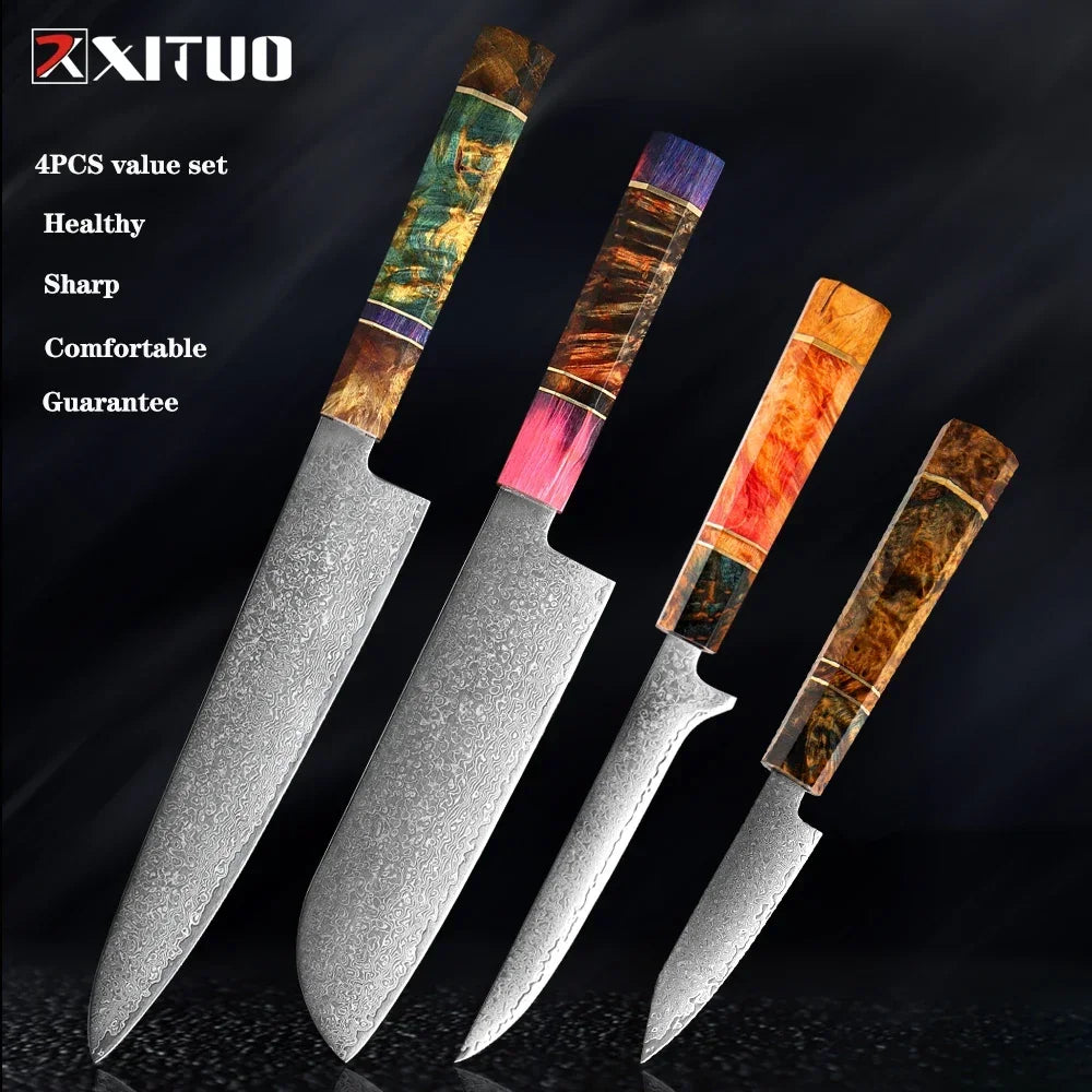 9-Piece Japanese Knife Set – Damascus Steel, Wood & Resin Handles
