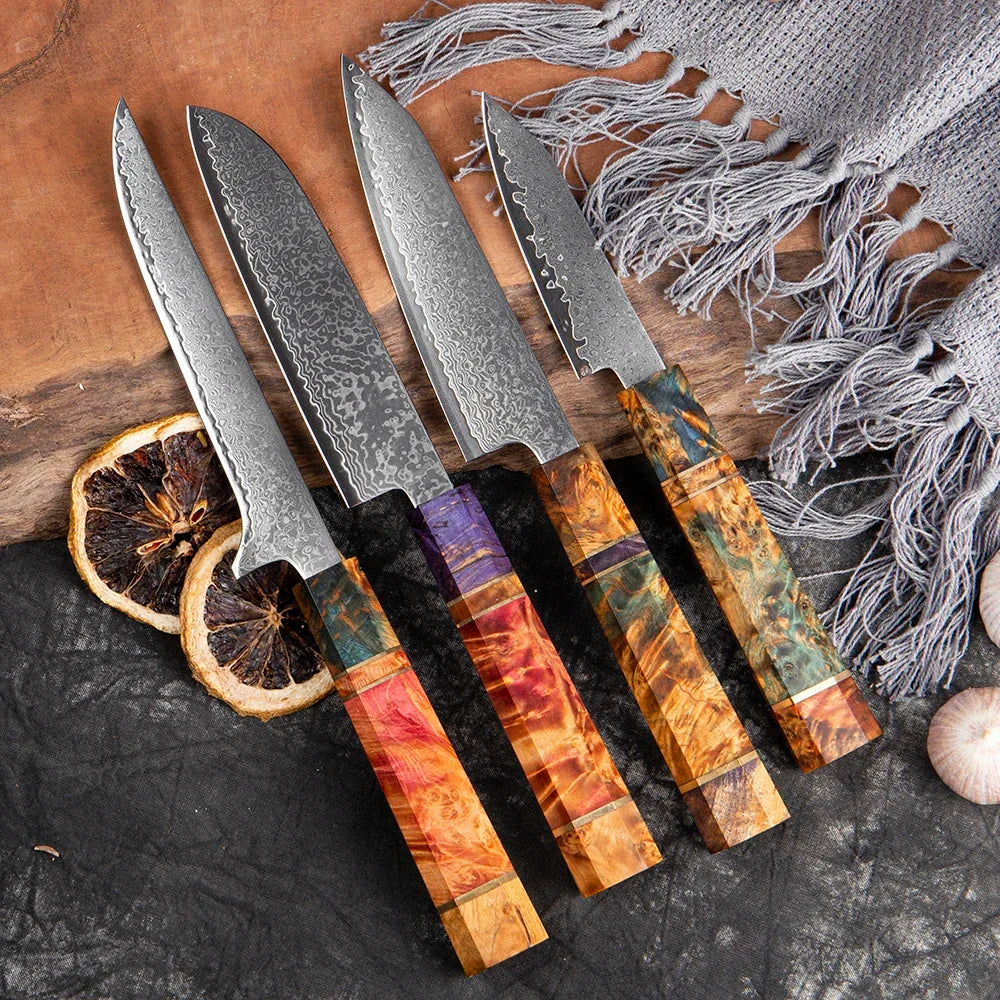 9-Piece Japanese Knife Set – Damascus Steel, Wood & Resin Handles
