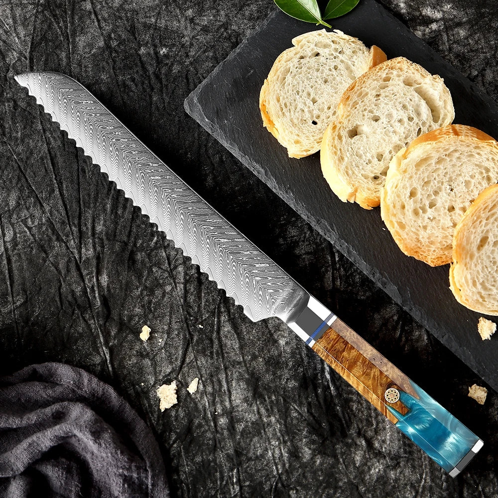 8” Damascus Steel Bread Knife – Serrated, 67-Layer, Professional Kitchen Knife