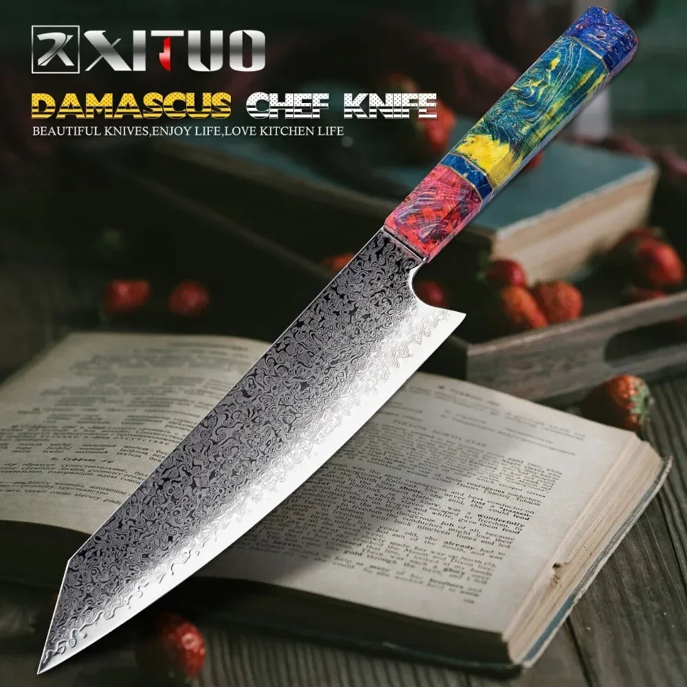 9-Piece Japanese Knife Set – Damascus Steel, Wood & Resin Handles