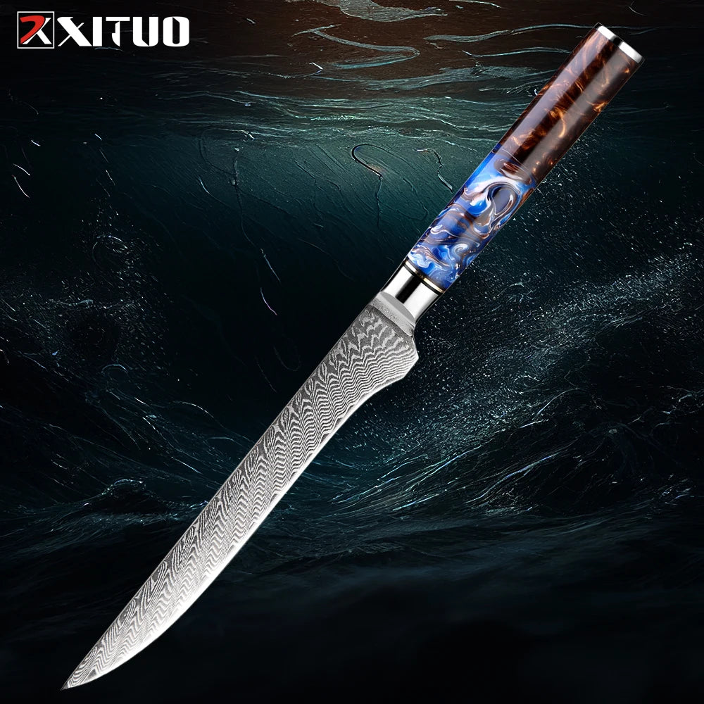 9-Piece Damascus Knife Set – 67-Layer Steel, Blue Resin Handle | Edge and Steel