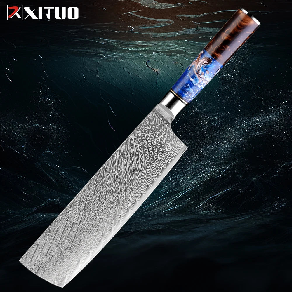 9-Piece Damascus Knife Set – 67-Layer Steel, Blue Resin Handle | Edge and Steel