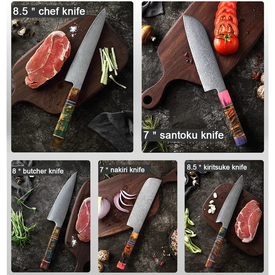 9-Piece Japanese Knife Set – Damascus Steel, Wood & Resin Handles