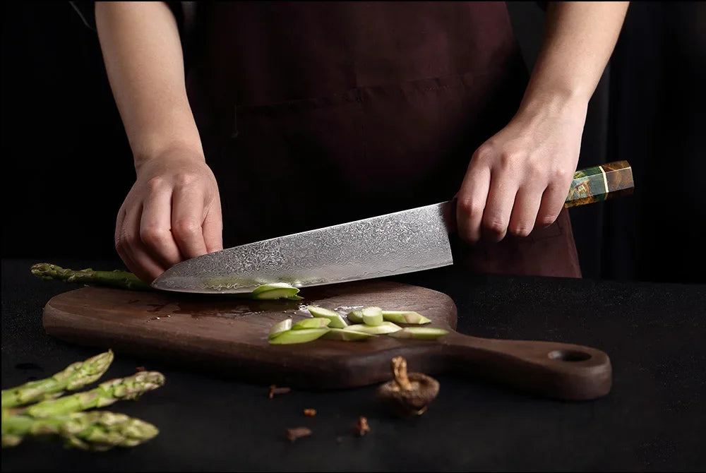9-Piece Japanese Knife Set – Damascus Steel, Wood & Resin Handles