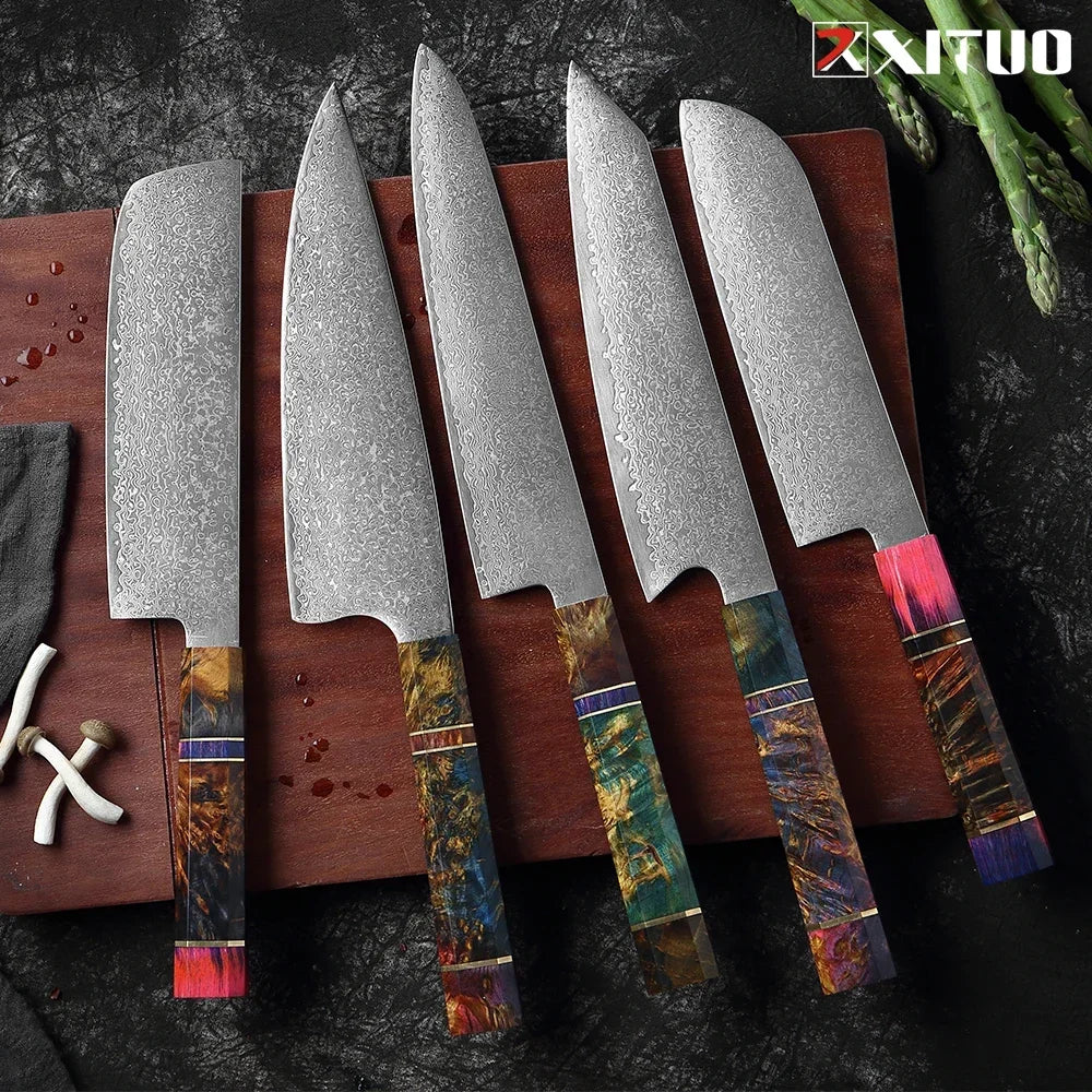 9-Piece Japanese Knife Set – Damascus Steel, Wood & Resin Handles