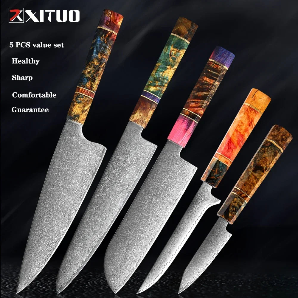 9-Piece Japanese Knife Set – Damascus Steel, Wood & Resin Handles