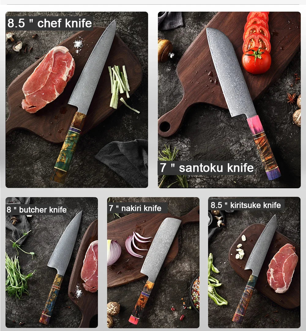 9-Piece Japanese Knife Set – Damascus Steel, Wood & Resin Handles