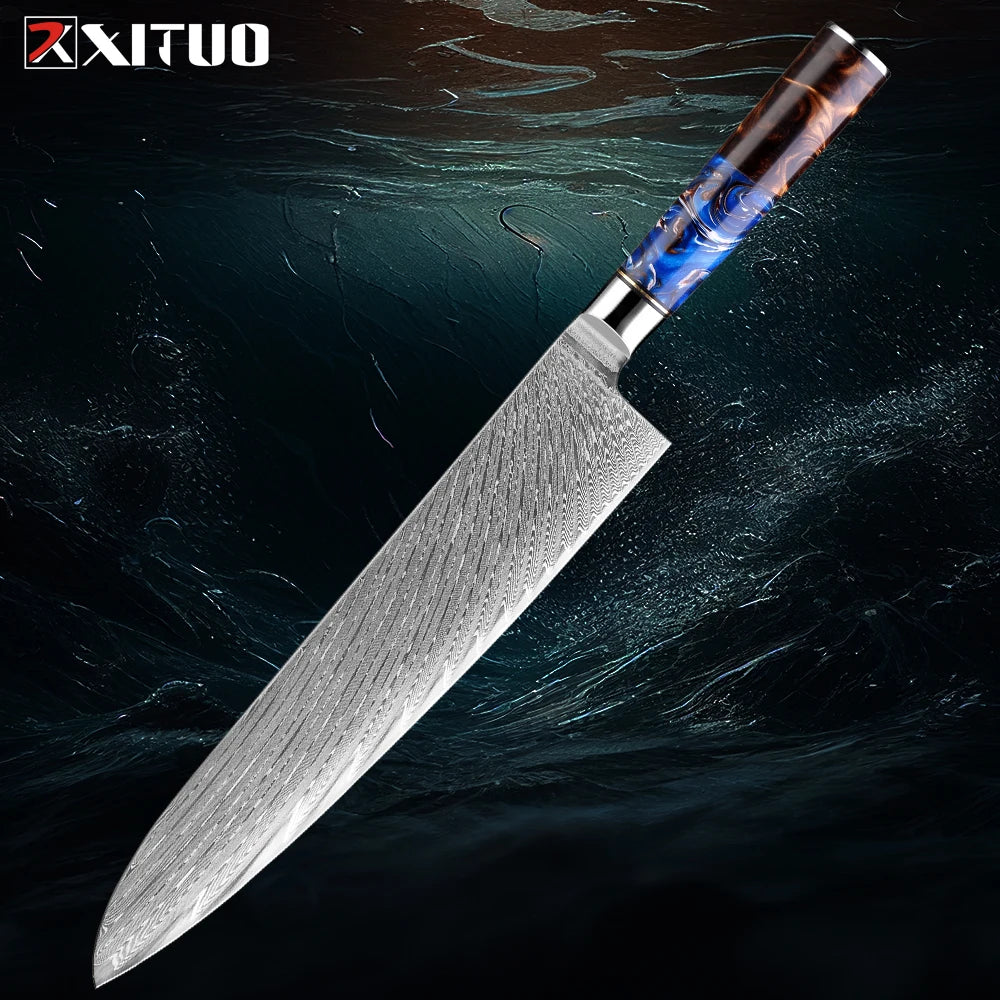 9-Piece Damascus Knife Set – 67-Layer Steel, Blue Resin Handle | Edge and Steel