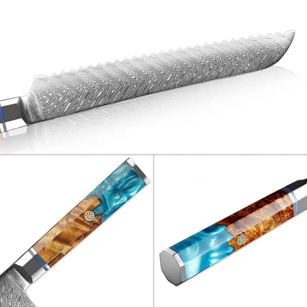 8” Damascus Steel Bread Knife – Serrated, 67-Layer, Professional Kitchen Knife