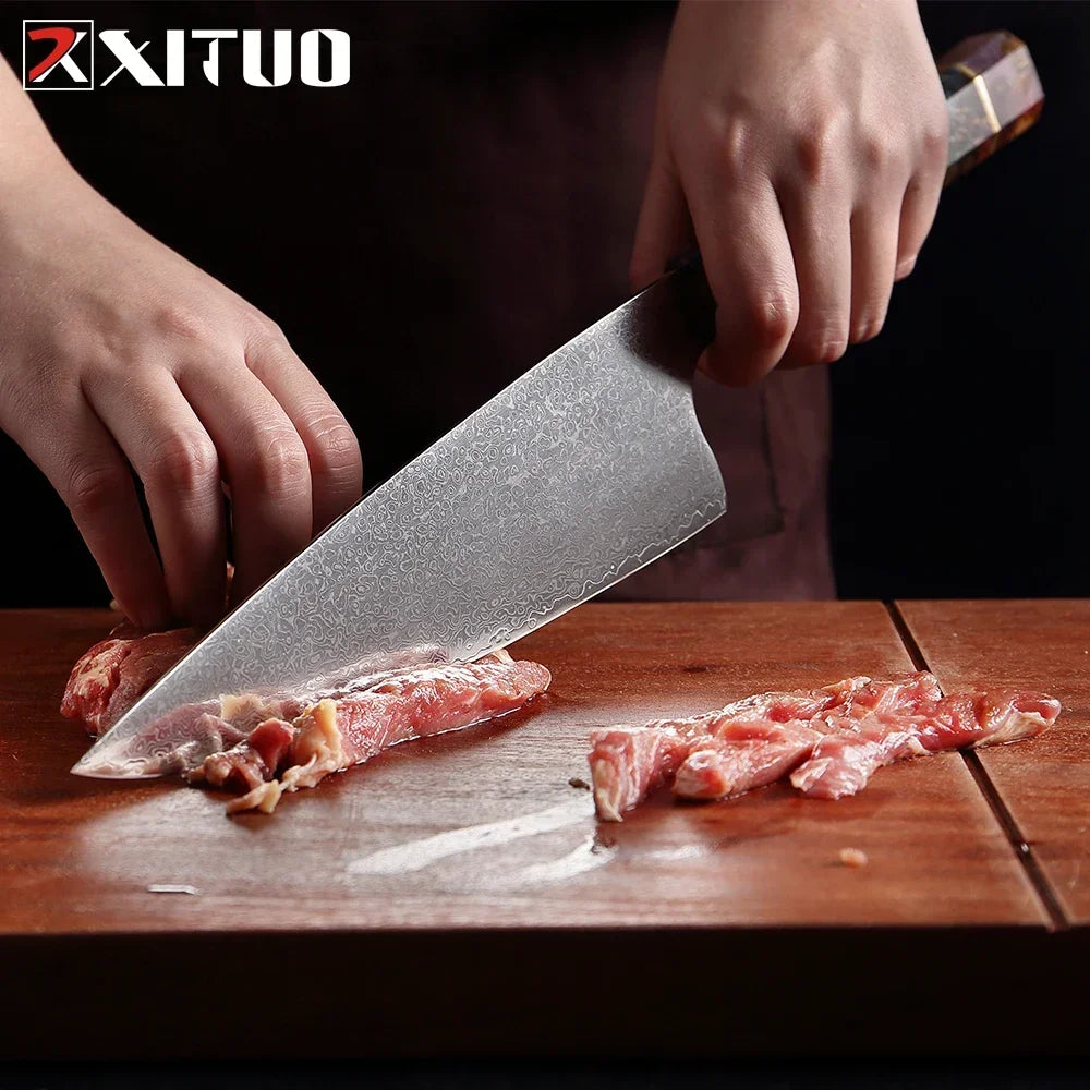 9-Piece Japanese Knife Set – Damascus Steel, Wood & Resin Handles