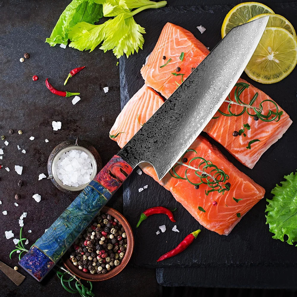 9-Piece Japanese Knife Set – Damascus Steel, Wood & Resin Handles