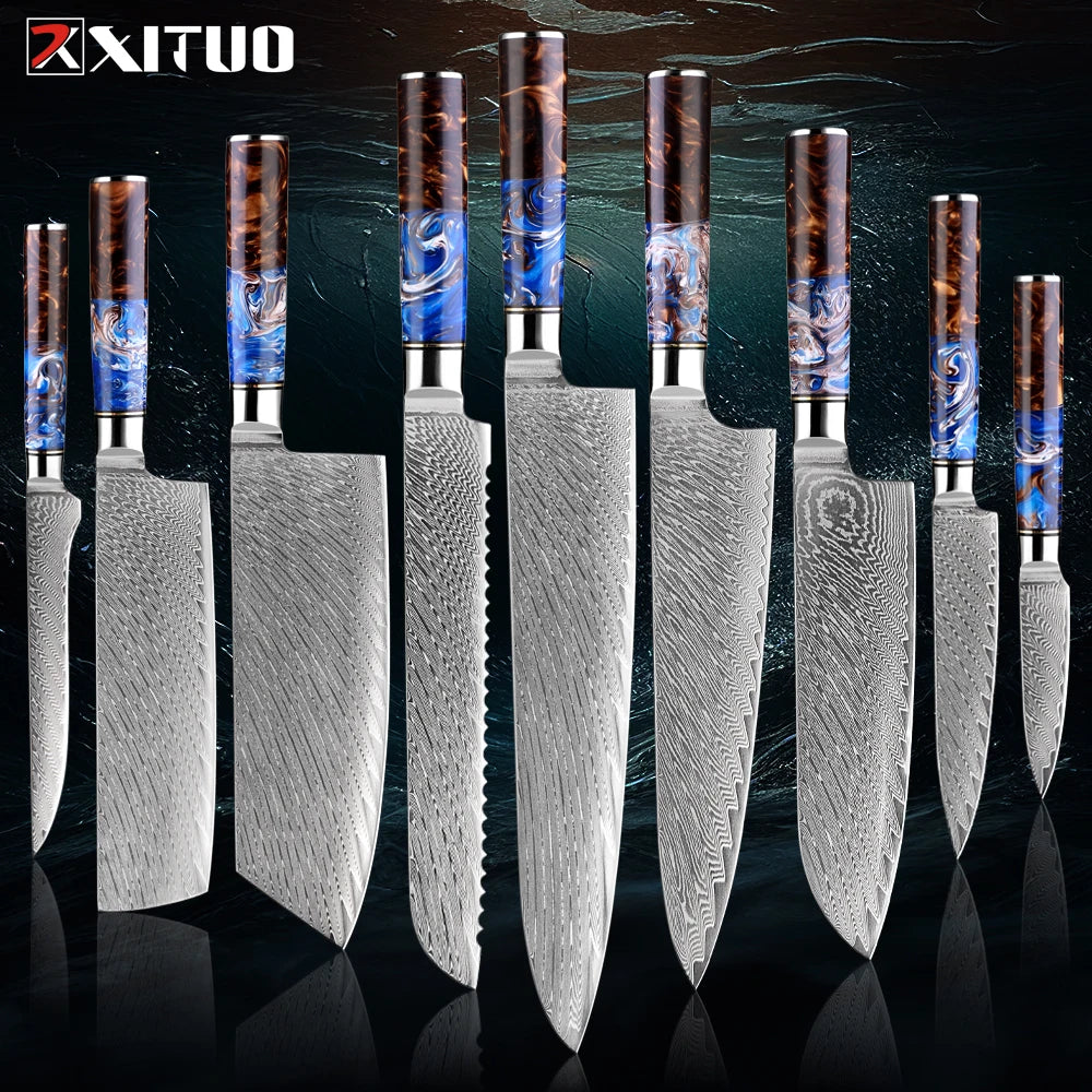 9-Piece Damascus Knife Set – 67-Layer Steel, Blue Resin Handle | Edge and Steel