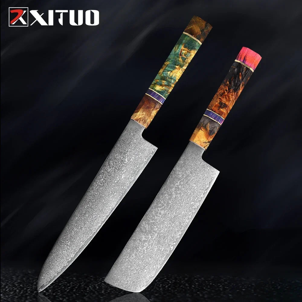 9-Piece Japanese Knife Set – Damascus Steel, Wood & Resin Handles