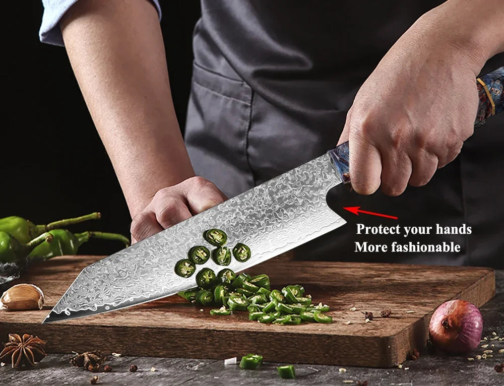 9-Piece Japanese Knife Set – Damascus Steel, Wood & Resin Handles