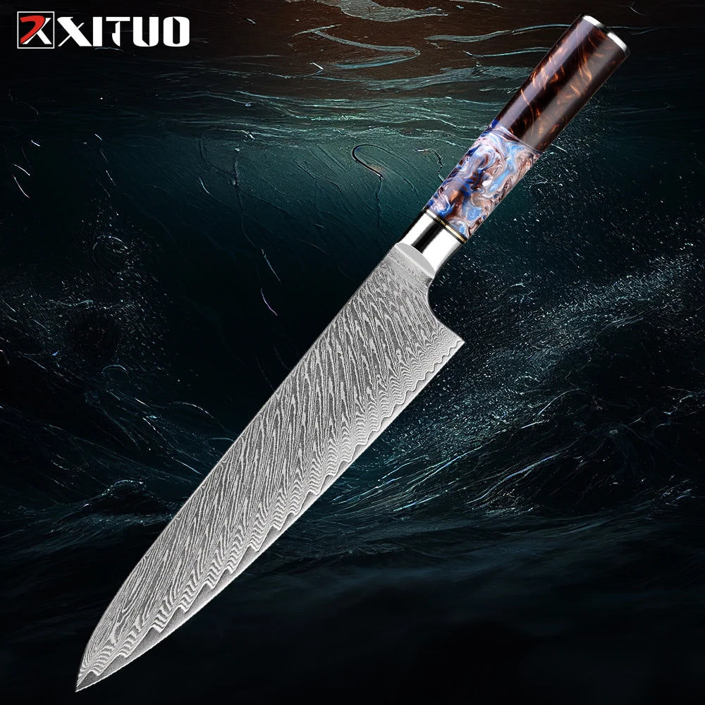 9-Piece Damascus Knife Set – 67-Layer Steel, Blue Resin Handle | Edge and Steel