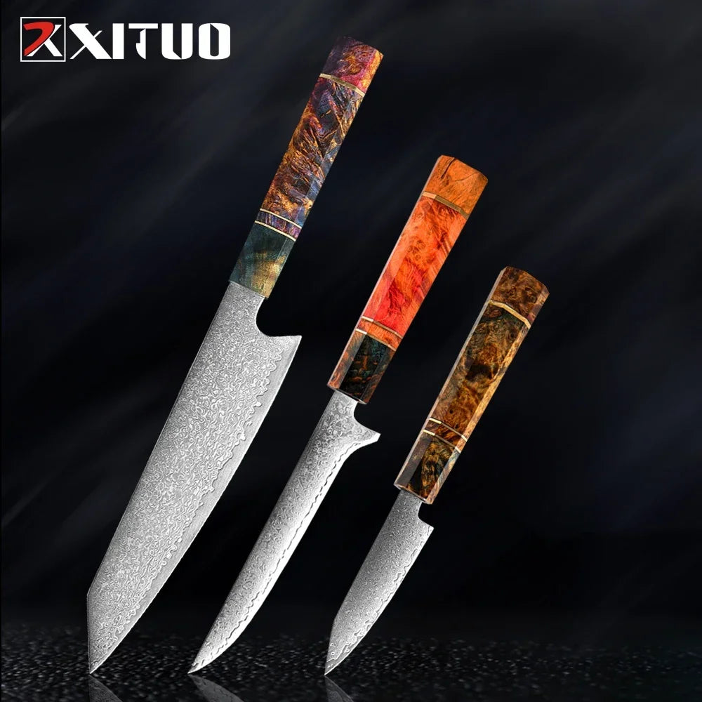 9-Piece Japanese Knife Set – Damascus Steel, Wood & Resin Handles