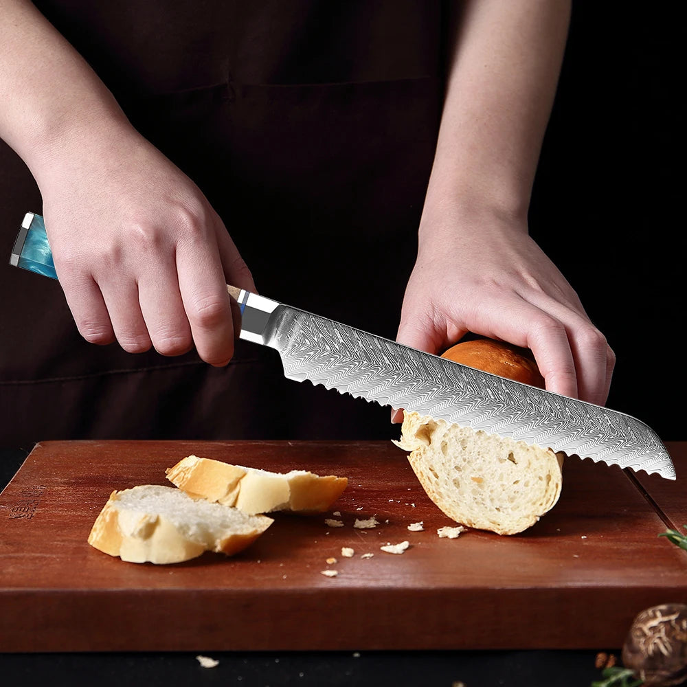 8” Damascus Steel Bread Knife – Serrated, 67-Layer, Professional Kitchen Knife