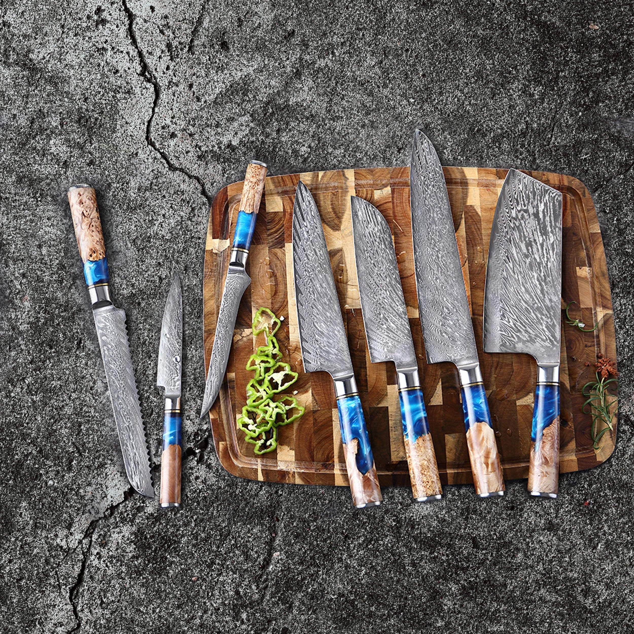 7-Piece Japanese Damascus Knife Set – 67-Layer Steel, Blue Resin Handle | Chef, Santoku, Nakiri & Paring Knives